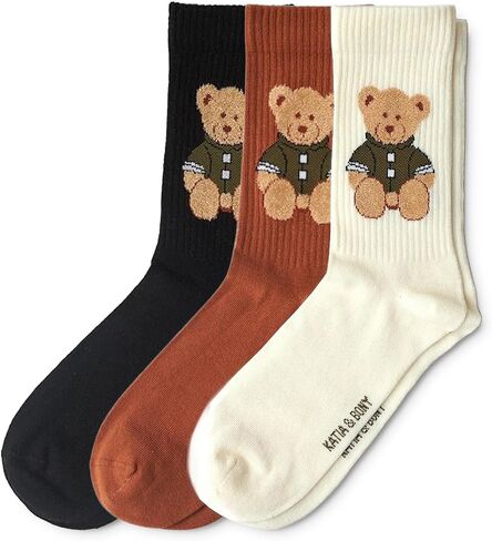 Cute Teddy Bear Crew Socks for Women and Men - Cozy Thick Winter Socks - Soft Breathable Cotton - 4 Pairs Set - Black Rust Cream Olive Colors - Comfortable Casual Warm Gift Idea for Christmas in Saudi Arabia