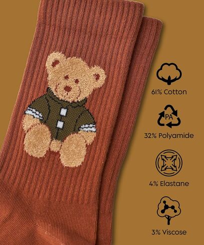 Cute Teddy Bear Crew Socks for Women and Men - Cozy Thick Winter Socks - Soft Breathable Cotton - 4 Pairs Set - Black Rust Cream Olive Colors - Comfortable Casual Warm Gift Idea for Christmas in Saudi Arabia