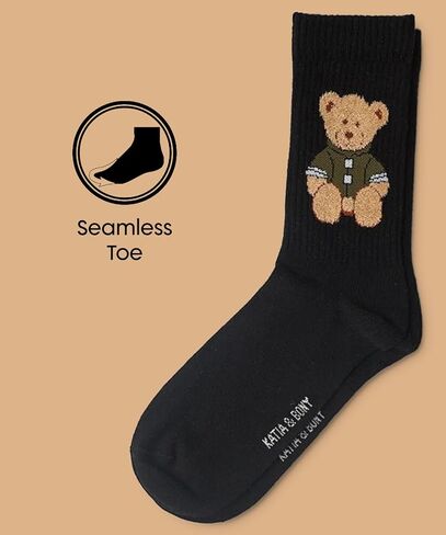 Cute Teddy Bear Crew Socks for Women and Men - Cozy Thick Winter Socks - Soft Breathable Cotton - 4 Pairs Set - Black Rust Cream Olive Colors - Comfortable Casual Warm Gift Idea for Christmas in Saudi Arabia