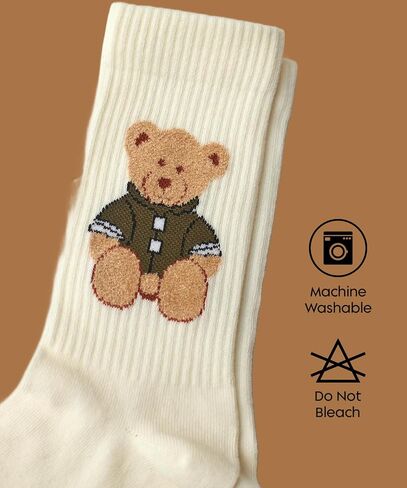 Cute Teddy Bear Crew Socks for Women and Men - Cozy Thick Winter Socks - Soft Breathable Cotton - 4 Pairs Set - Black Rust Cream Olive Colors - Comfortable Casual Warm Gift Idea for Christmas in Saudi Arabia