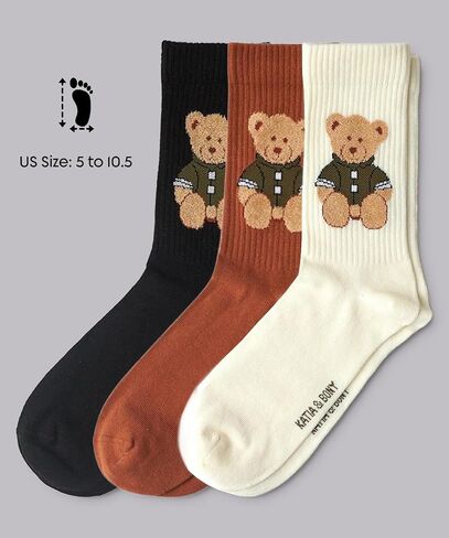 Cute Teddy Bear Crew Socks for Women and Men - Cozy Thick Winter Socks - Soft Breathable Cotton - 4 Pairs Set - Black Rust Cream Olive Colors - Comfortable Casual Warm Gift Idea for Christmas in Saudi Arabia