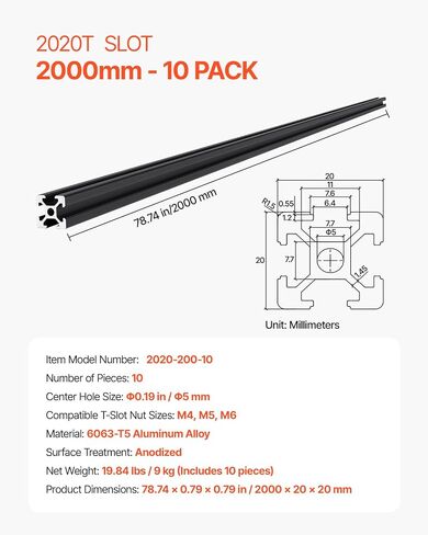 Vevor 5pcs 78.7 in (2000mm) t slot 2040 profile mostrusion الألومنيوم ، السكك الحديدية الخطية الأوروبية القياسية الأنودي ، السكك الحديدية المصنوعة من الألومنيوم العالي القوة للطابعة ثلاثية الأبعاد ، CNC Machine DIY ، نقش بالليزر ، أسود ، أسود in Saudi Arabia