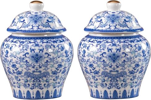 2 Pcs Small Ceramic Ginger Jars with Lid Gift Box Packaging, Chinoiserie Blue and White Porcelain Decorative Jar Jingdezhen Vase Suitable for Home Tabletop Decor Table Accent Shelf in Kuwait