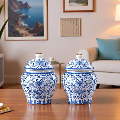 2 Pcs Small Ceramic Ginger Jars with Lid Gift Box Packaging, Chinoiserie Blue and White Porcelain Decorative Jar Jingdezhen Vase Suitable for Home Tabletop Decor Table Accent Shelf in Kuwait