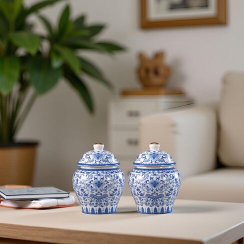 2 Pcs Small Ceramic Ginger Jars with Lid Gift Box Packaging, Chinoiserie Blue and White Porcelain Decorative Jar Jingdezhen Vase Suitable for Home Tabletop Decor Table Accent Shelf in Kuwait