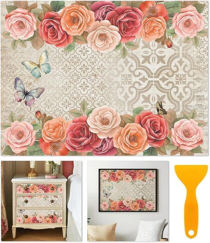 6 Sheets Watercolor Flower Rub on Transfers for Furniture Vivid Roses Decor Transfer Stickers Waterproof Colorful Furniture Iod Transfers for Scrapbooking Wood DIY Home Decor 6"x12" in Kuwait