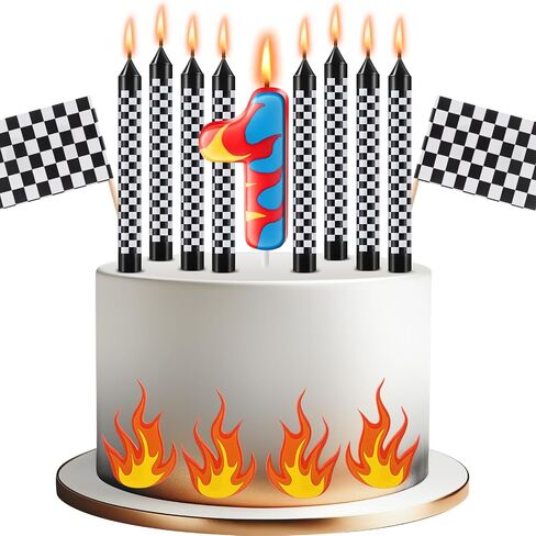 15 Pcs Racing Cars Themed Birthday Number Candles Truck Wheel Candle Black and White Checkered Flag Cake Topper Fire Race Car Cake Decoration for Birthday Party Decoration Supplies(Number 5) in Saudi Arabia