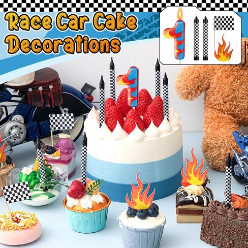 15 Pcs Racing Cars Themed Birthday Number Candles Truck Wheel Candle Black and White Checkered Flag Cake Topper Fire Race Car Cake Decoration for Birthday Party Decoration Supplies(Number 5) in Saudi Arabia