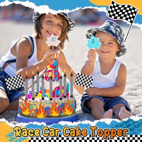 15 Pcs Racing Cars Themed Birthday Number Candles Truck Wheel Candle Black and White Checkered Flag Cake Topper Fire Race Car Cake Decoration for Birthday Party Decoration Supplies(Number 5) in Saudi Arabia