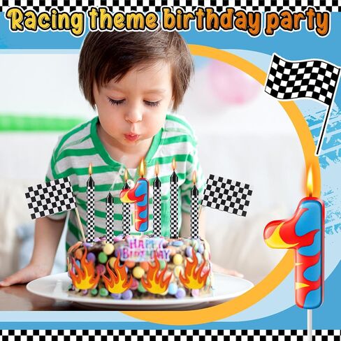 15 Pcs Racing Cars Themed Birthday Number Candles Truck Wheel Candle Black and White Checkered Flag Cake Topper Fire Race Car Cake Decoration for Birthday Party Decoration Supplies(Number 5) in Saudi Arabia