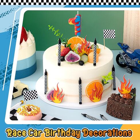 15 Pcs Racing Cars Themed Birthday Number Candles Truck Wheel Candle Black and White Checkered Flag Cake Topper Fire Race Car Cake Decoration for Birthday Party Decoration Supplies(Number 5) in Saudi Arabia