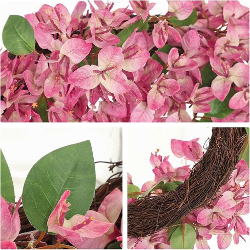 Briful Spring Front Door Wreath 18inches Artificial Bougainvillea Flower Wreath Silk Pink Floral Hanging Wreath Outdoor Summer Wreath for Home Wall Mantle Party Wedding Décor in Kuwait