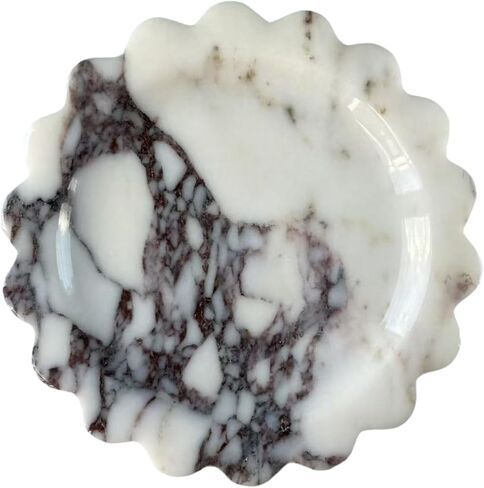 Natural Marble Tray 8" with Scalloped Edge, Handmade Decorative Tray, Storage Tray for Counter, Dresser, Vanity, Jewelry, Nightstand & Desk Home Bathroom Decor (Calacatta White, Round) in Saudi Arabia