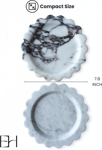 Natural Marble Tray 8" with Scalloped Edge, Handmade Decorative Tray, Storage Tray for Counter, Dresser, Vanity, Jewelry, Nightstand & Desk Home Bathroom Decor (Calacatta White, Round) in Saudi Arabia