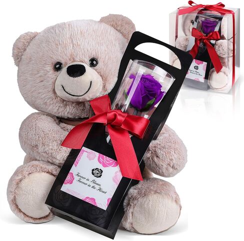 Cute Bear with Preserved Flower for Women Gift, Bear Holding Forever Flower in Gift Box for Birthday, Anniversary, Retired, Mother, Wife, Grandma, Friend, Girlfriend Romantic Eternal Roses Gifts in Saudi Arabia