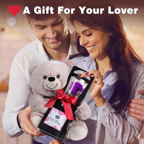 Cute Bear with Preserved Flower for Women Gift, Bear Holding Forever Flower in Gift Box for Birthday, Anniversary, Retired, Mother, Wife, Grandma, Friend, Girlfriend Romantic Eternal Roses Gifts in Saudi Arabia