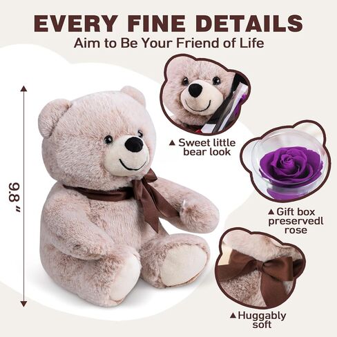 Cute Bear with Preserved Flower for Women Gift, Bear Holding Forever Flower in Gift Box for Birthday, Anniversary, Retired, Mother, Wife, Grandma, Friend, Girlfriend Romantic Eternal Roses Gifts in Saudi Arabia