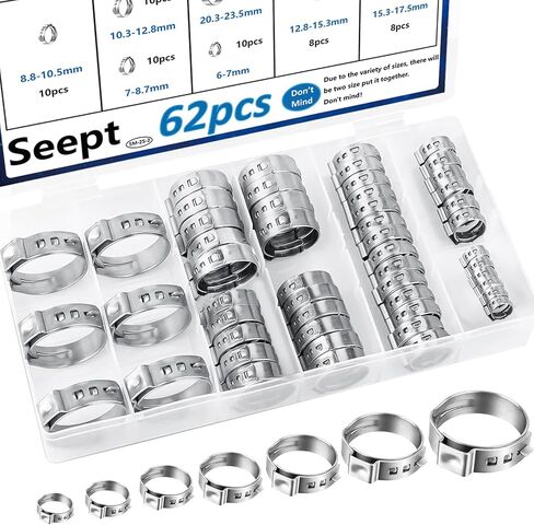 605Pcs 22 Sizes Single Ear Hose Clamps 5.3-33.1mm 304 Stainless Steel Crimp Hose Clamps Assortment Kit Perfect for Automotive/Home Appliance/Water Pipe and Fuel Line Stepless hose clamp in Kuwait