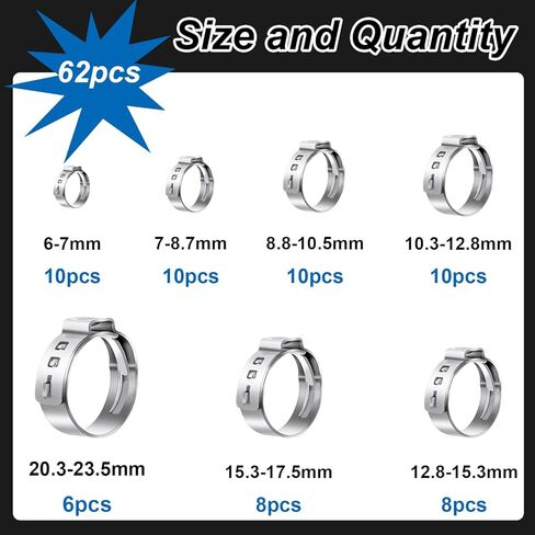 605Pcs 22 Sizes Single Ear Hose Clamps 5.3-33.1mm 304 Stainless Steel Crimp Hose Clamps Assortment Kit Perfect for Automotive/Home Appliance/Water Pipe and Fuel Line Stepless hose clamp in Kuwait