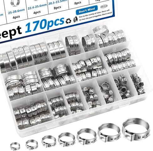 605Pcs 22 Sizes Single Ear Hose Clamps 5.3-33.1mm 304 Stainless Steel Crimp Hose Clamps Assortment Kit Perfect for Automotive/Home Appliance/Water Pipe and Fuel Line Stepless hose clamp in Kuwait