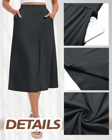 Huukeay 3 Pack Women's Midi Skirts with Pockets A Line Flared Stretchy High Waist Below Knee Skirt Dressy Casual Summer(Black, Dark Gray, Light Khaki,X-Large) in Saudi Arabia