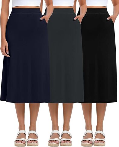 Huukeay 3 Pack Women's Midi Skirts with Pockets A Line Flared Stretchy High Waist Below Knee Skirt Dressy Casual Summer(Black, Dark Gray, Light Khaki,X-Large) in Saudi Arabia