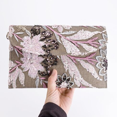 Clutch Purses for Women, Envelope Package, Sequin Embroidered Flowers Straw Bag, Bohemian Handmade Handbags in Saudi Arabia