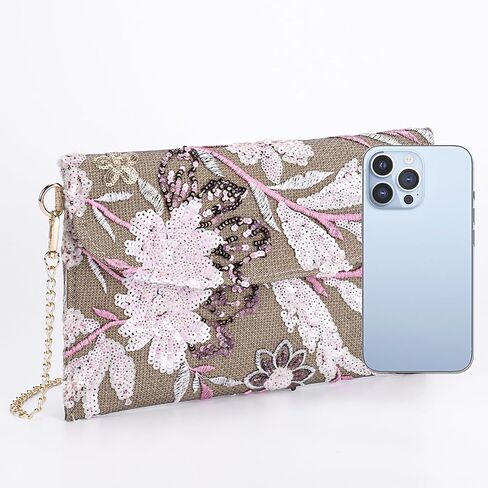 Clutch Purses for Women, Envelope Package, Sequin Embroidered Flowers Straw Bag, Bohemian Handmade Handbags in Saudi Arabia