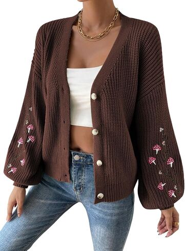 SHENHE Women's Embroidery Cardigan Drop Shoulder Button Front Duster Knit Sweater in Saudi Arabia