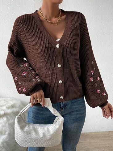 SHENHE Women's Embroidery Cardigan Drop Shoulder Button Front Duster Knit Sweater in Saudi Arabia