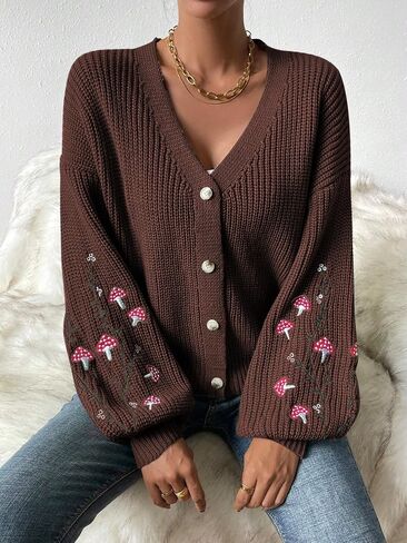 SHENHE Women's Embroidery Cardigan Drop Shoulder Button Front Duster Knit Sweater in Saudi Arabia