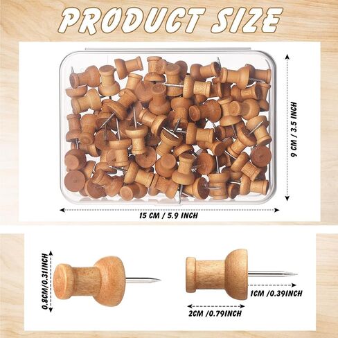 Sawysine 80 Pcs Wood Push Pins, Wood Thumb Tacks Decorative Push Pins for Cork Boards, Map Photos Calendar and Home Office Craft Projects(Round) in Kuwait