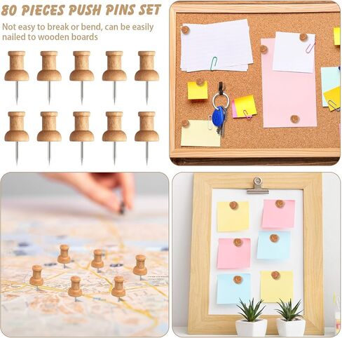 Sawysine 80 Pcs Wood Push Pins, Wood Thumb Tacks Decorative Push Pins for Cork Boards, Map Photos Calendar and Home Office Craft Projects(Round) in Kuwait