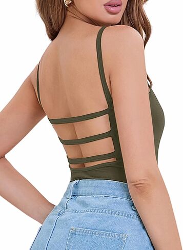 Rooscier Women's Spaghetti Strap Scoop Neck Sleeveless Bodysuit Backless Sexy Tank Tops in Saudi Arabia