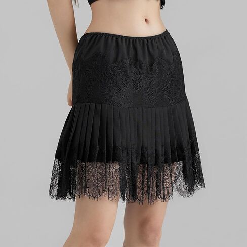 Women Floral Lace Mini Skirt Y2k Low Rise Layered Ruffled Hem Pleated A Line Short Skirt Lace Half Slip Underskirt in Saudi Arabia