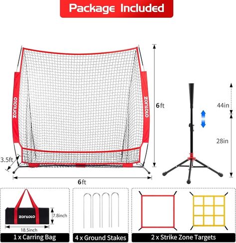 6x6ft Baseball & Softball Net for Hitting,Pitching,Batting, and Accuracy Throwing Practice,Baseball net with Sturdy Bow Frame,Battting Tee,Strike Zone, Middle Size,Suitable for Kids! in Kuwait