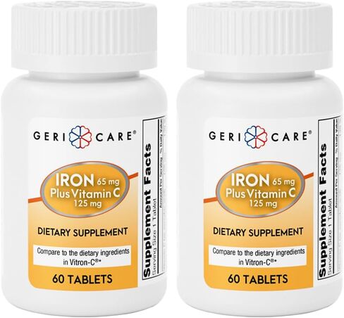 GeriCare Iron 65mg Plus Vitamin C 125mg Tablets – High-Absorption Iron for Anemia Support, Red Blood Cell Production, Fatigue Reduction, and Immune Health – 60 Count in Saudi Arabia