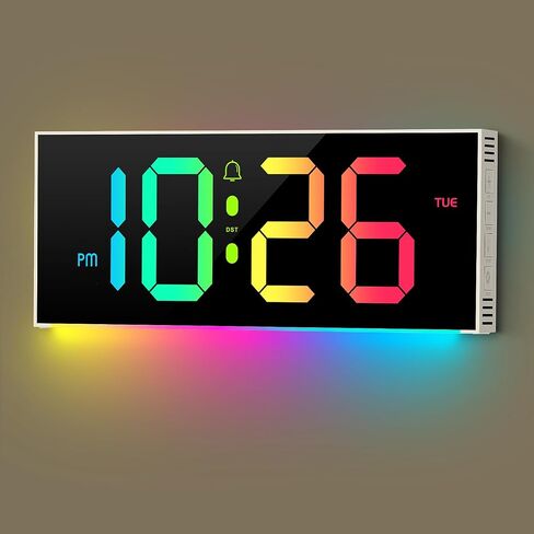 Large Digital Wall Clock 12", Digital Clock with Full Screen Display, 12 RGB Colors Changing Remote Control, DST, Wall Clock with Night Lights for Elderly Living Room Bedroom Office Gaming Room Decor in Saudi Arabia