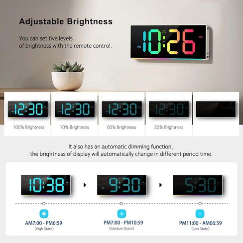 Large Digital Wall Clock 12", Digital Clock with Full Screen Display, 12 RGB Colors Changing Remote Control, DST, Wall Clock with Night Lights for Elderly Living Room Bedroom Office Gaming Room Decor in Saudi Arabia