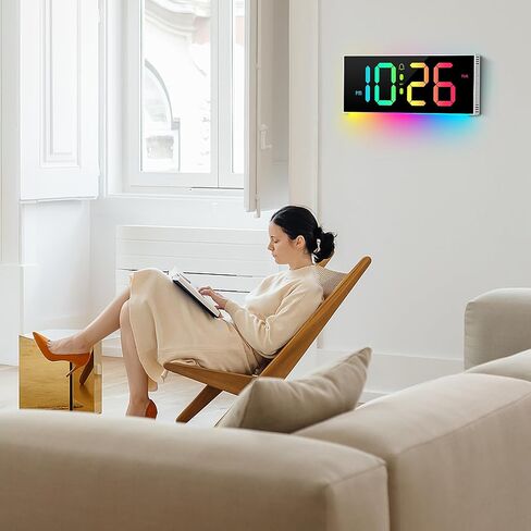 Large Digital Wall Clock 12", Digital Clock with Full Screen Display, 12 RGB Colors Changing Remote Control, DST, Wall Clock with Night Lights for Elderly Living Room Bedroom Office Gaming Room Decor in Saudi Arabia