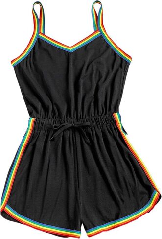 Milumia Women Casual Rainbow Stripe Print Cami Romper Knot High Waist Sport Jumpsuit in Saudi Arabia
