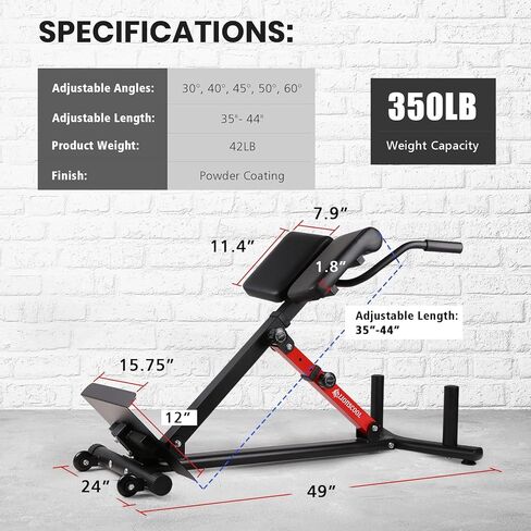 LIONSCOOL Heavy-Duty Adjustable Roman Chair - Back Extension Bench with Multiple Adjustment Functions- Hyperextension Bench Perfect for Home Gym (Black, 45°-180° Bench) in Kuwait