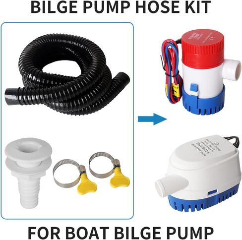 12V 1100GPH POT BILGE PUMP ، 1-1/8 بوصة DIA PILGE PUMP PHIPT KIT ، 6.5 FT BILGE PUMP HOSE ، 2 مشابك من الفولاذ المقاوم للصدأ وتركيبه من خلال خمس قطع) (خمس قطع) in Kuwait