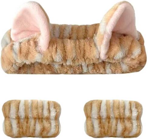 Cute Spa Headband and Wristband Set for Women Kawaii Ear Pink Makeup Headband for Washing Face (3PCS, Pink) in Saudi Arabia