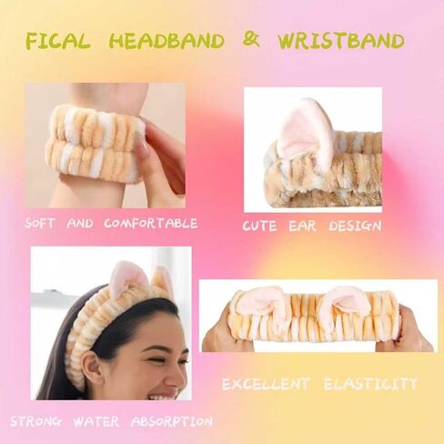 Cute Spa Headband and Wristband Set for Women Kawaii Ear Pink Makeup Headband for Washing Face (3PCS, Pink) in Saudi Arabia