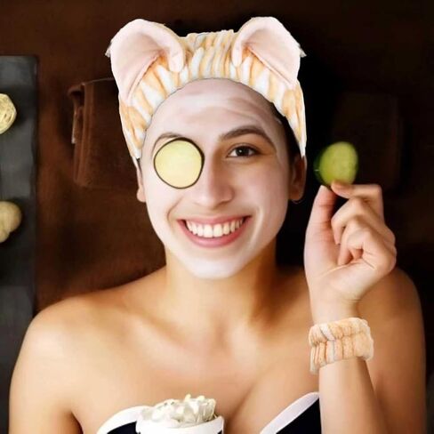 Cute Spa Headband and Wristband Set for Women Kawaii Ear Pink Makeup Headband for Washing Face (3PCS, Pink) in Saudi Arabia