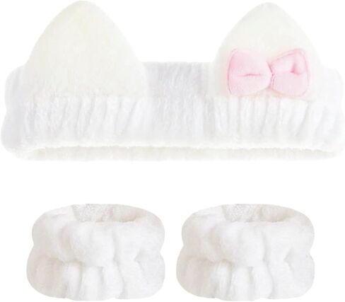 Cute Spa Headband and Wristband Set for Women Kawaii Ear Pink Makeup Headband for Washing Face (3PCS, Pink) in Saudi Arabia