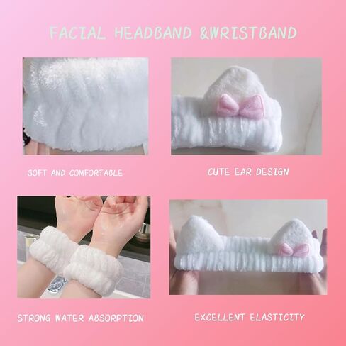 Cute Spa Headband and Wristband Set for Women Kawaii Ear Pink Makeup Headband for Washing Face (3PCS, Pink) in Saudi Arabia