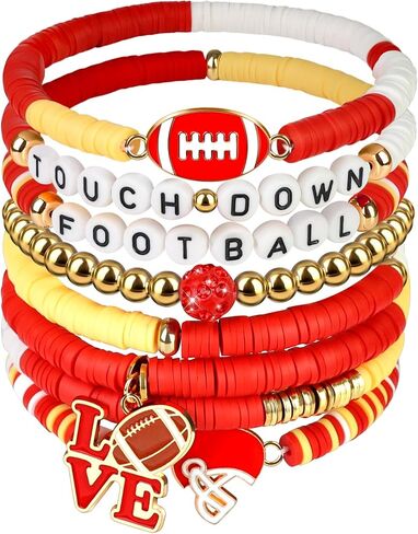 Game Day Football Bracelets for Women - Green and White Friendship Clay Beaded Stretch Bracelets,Stackable Sports Fans Charm Bangles,Football Mom Accessories Football Gifts for Matches in Saudi Arabia