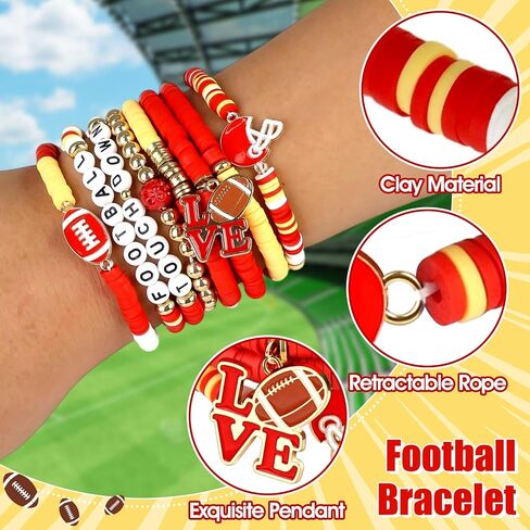 Game Day Football Bracelets for Women - Green and White Friendship Clay Beaded Stretch Bracelets,Stackable Sports Fans Charm Bangles,Football Mom Accessories Football Gifts for Matches in Saudi Arabia